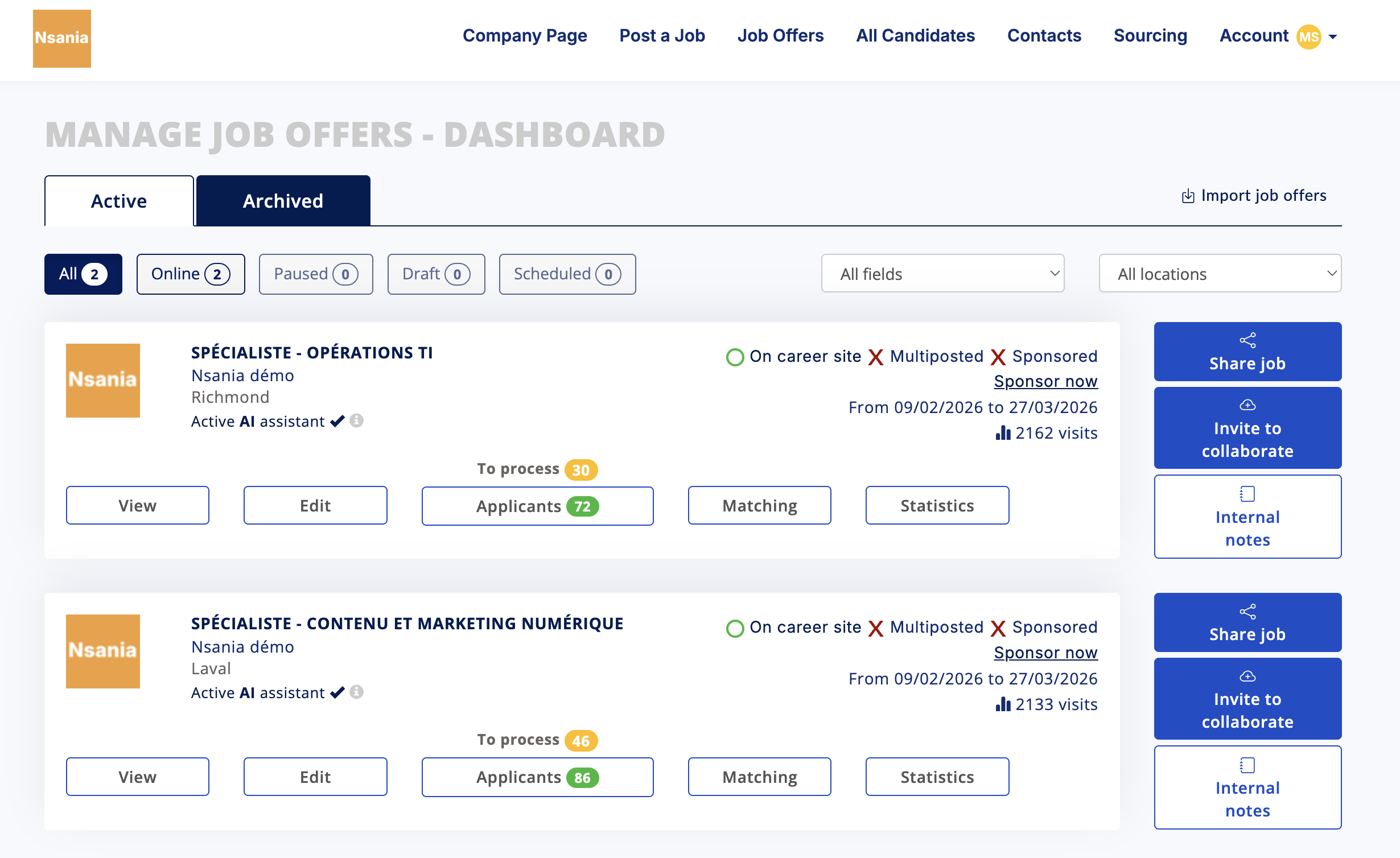 Nsania - Manage job offers