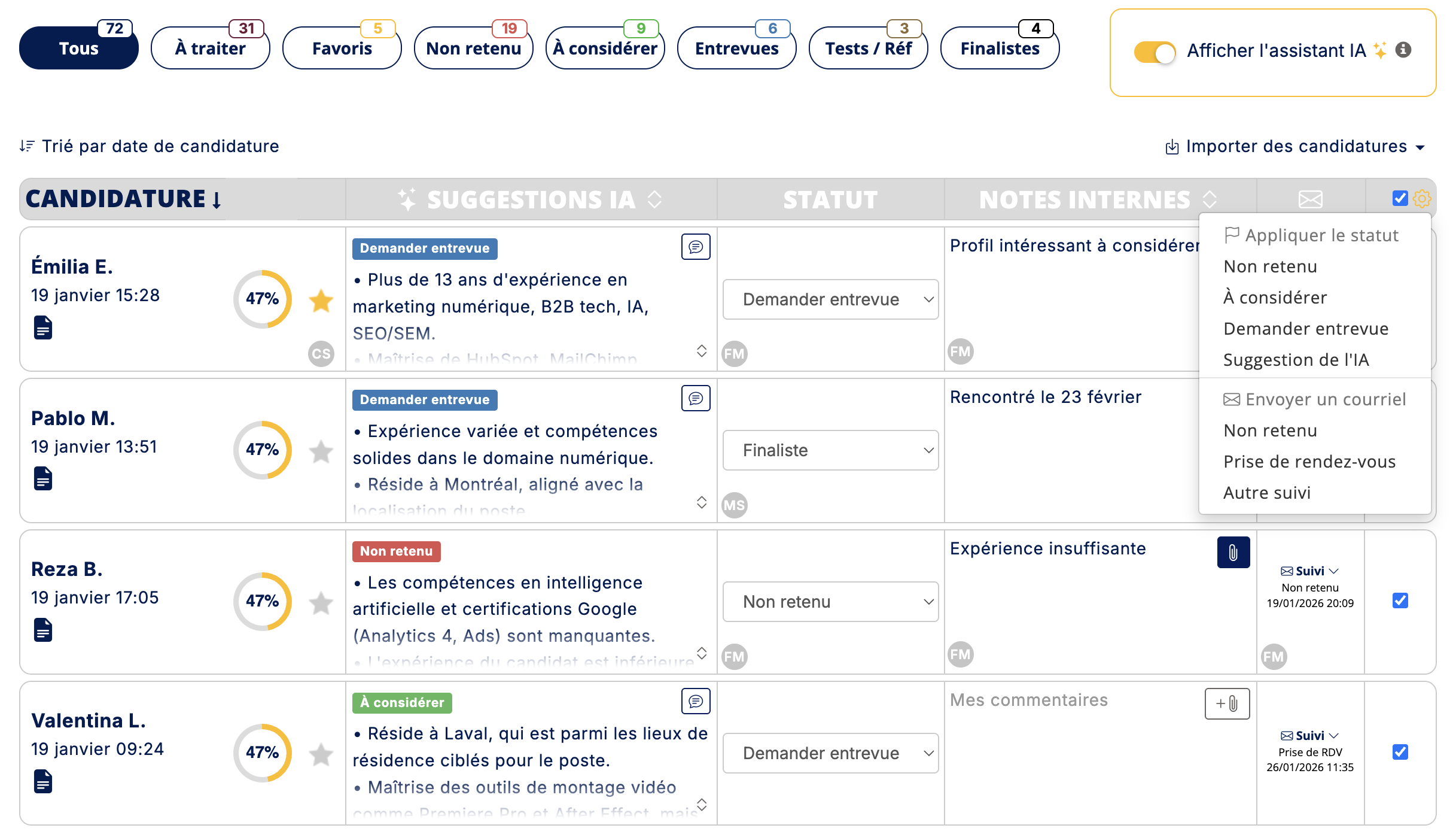 Nsania - Candidatures avec suggestions IA