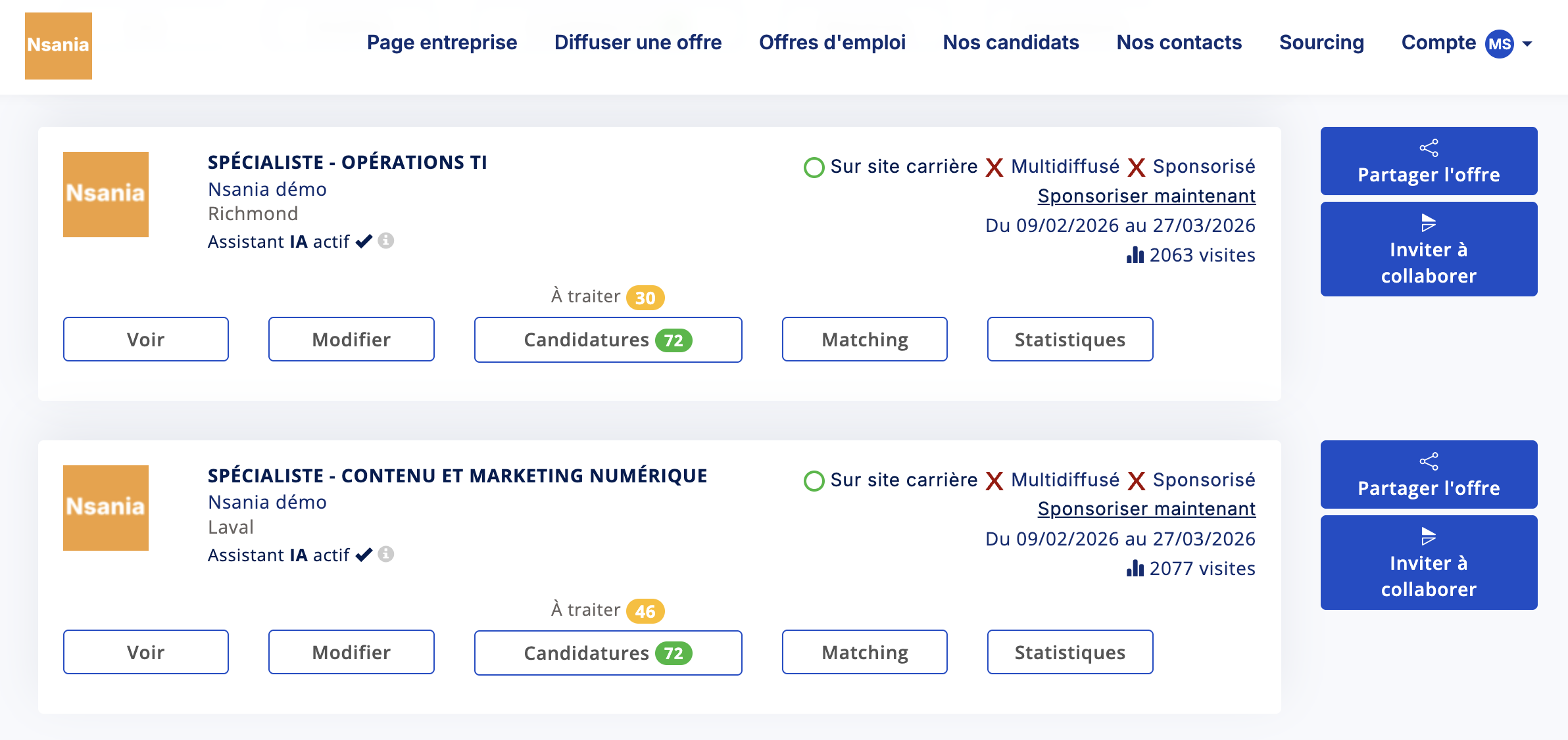 Nsania - Gerer les offres d'emploi